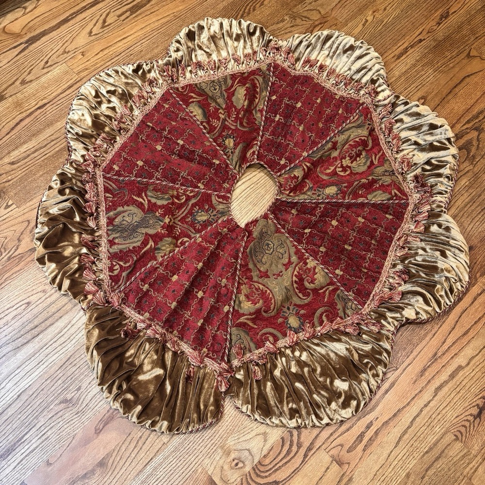 Serendipity Christmas Tree Skirt Red Gold Velvet Tassel Ruffle Holiday Decor 50"